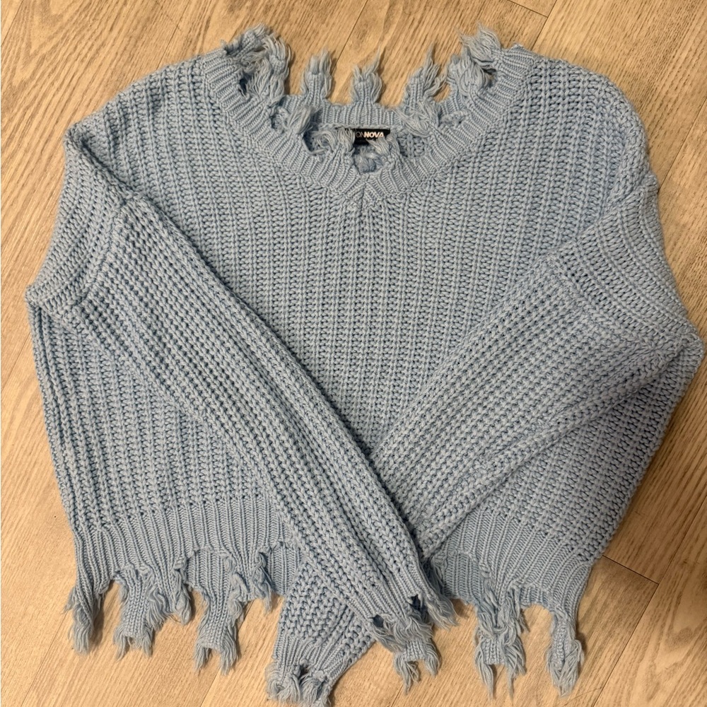 Fashion Nova Distressed Light Blue Cropped Crewneck Sweater